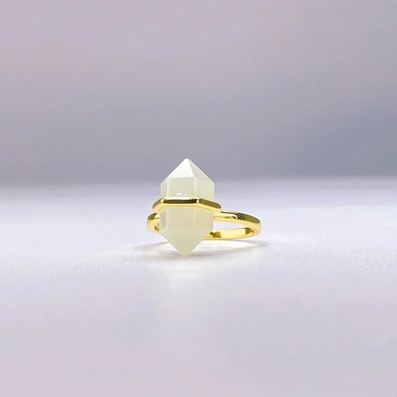Gold Plated Milky Quartz Obelisk Wand Double Point Ring S925 Sterling Silver - Picture 5 of 8